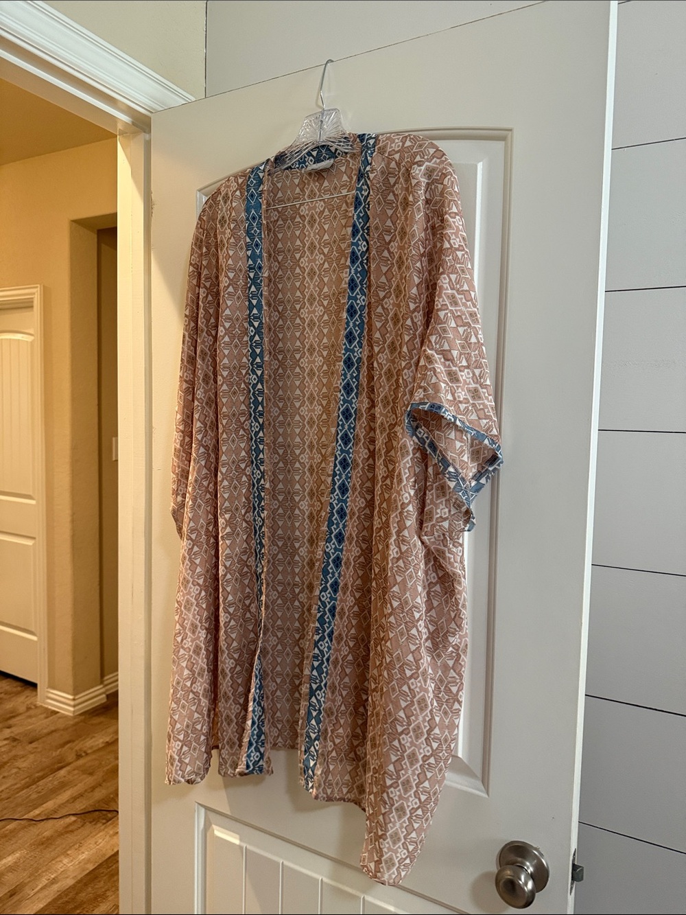 Beige Printed Open-Front Tunic with Blue Trim